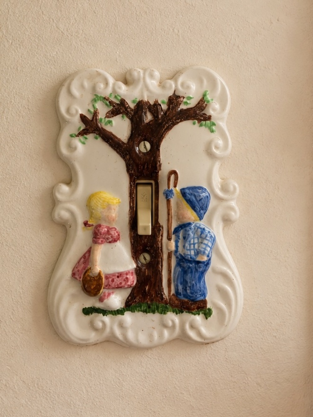 Vintage Ceramic Light Switch Plate Cover Holland Mold Boy Girl Dutch